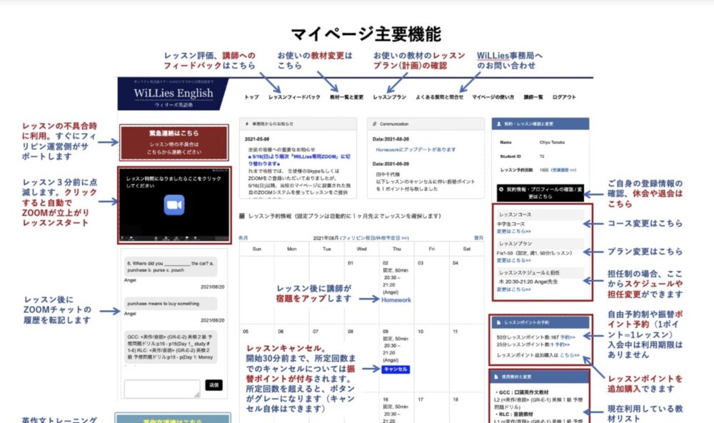 ウィリーズ英語塾のマイページ